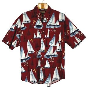 Natural Issue Sailing Shirt Mens XL Red Nautical Boats Button Up Cotton